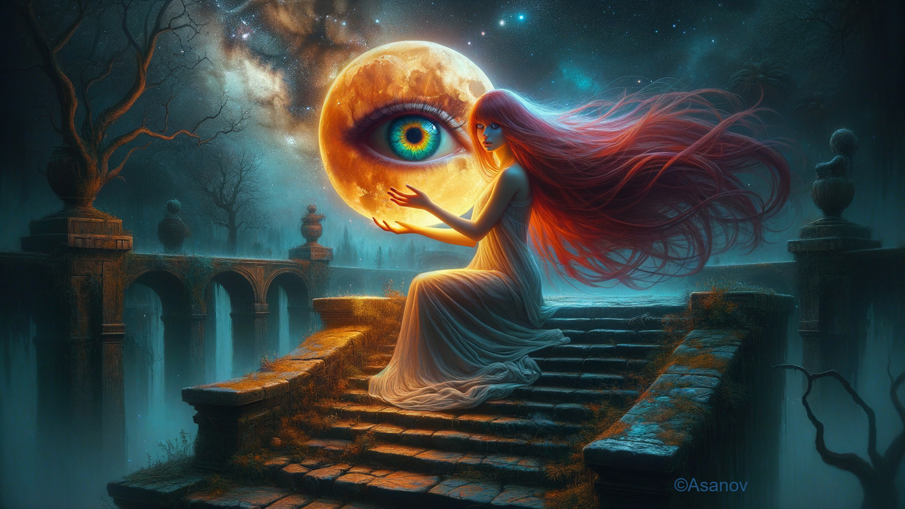 Mystical Landscape with Woman and Glowing Moon
