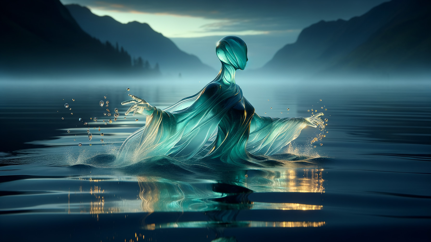 Serene Figure in Translucent Fabrics by Calm Waters