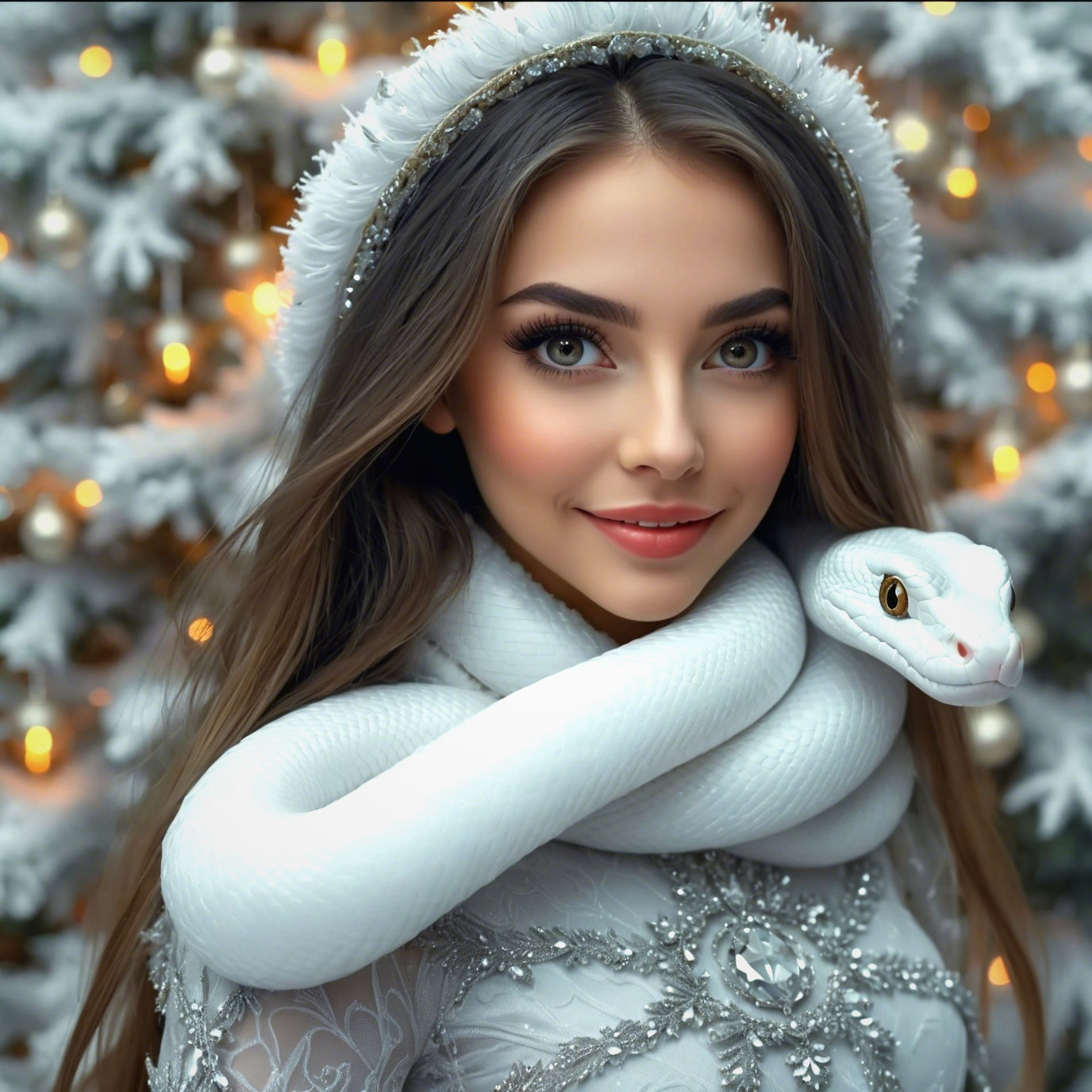 Young woman in white outfit with snake in snowy scene