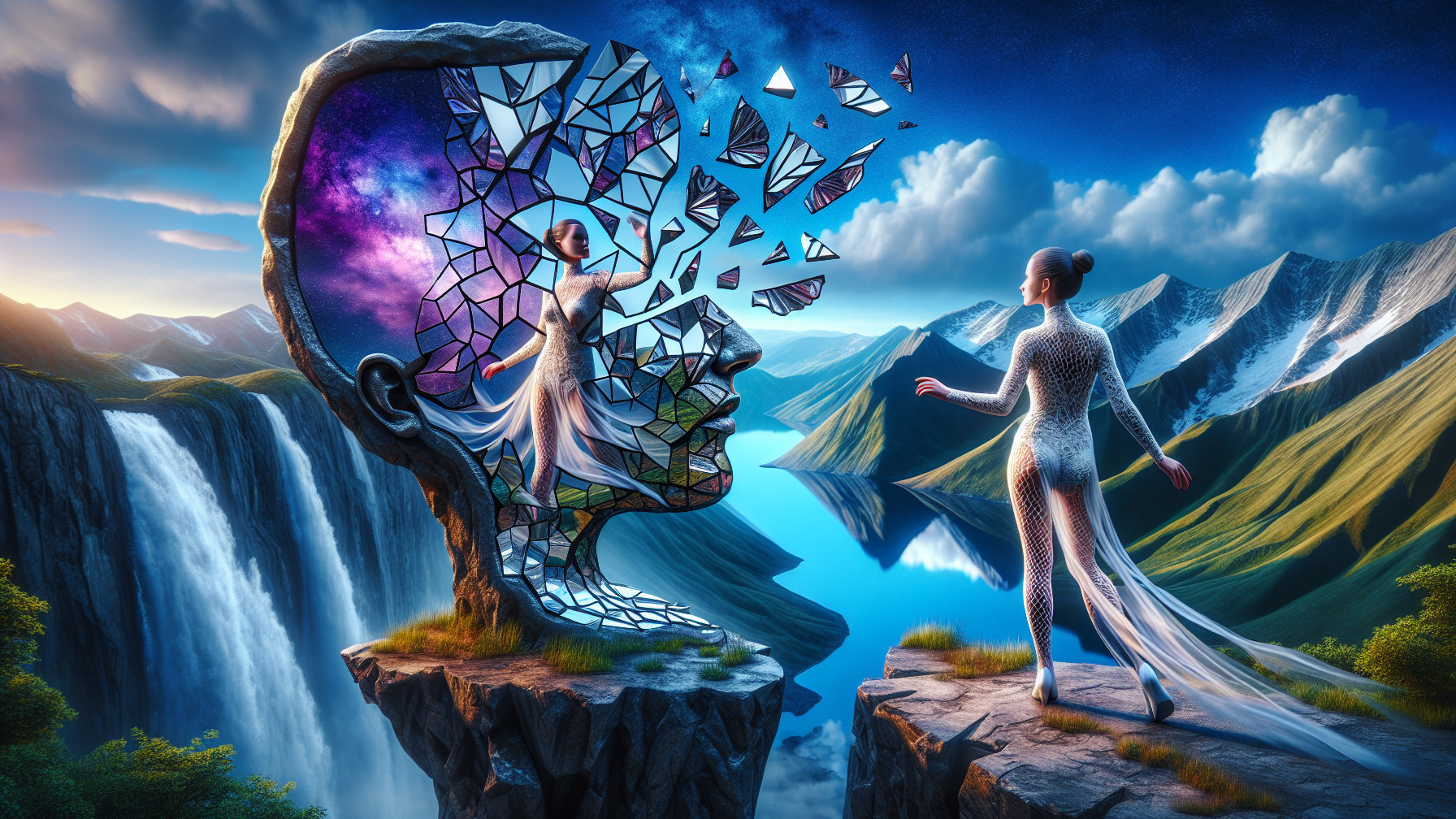 Surreal Landscape with Fragmented Head and Ethereal Figure