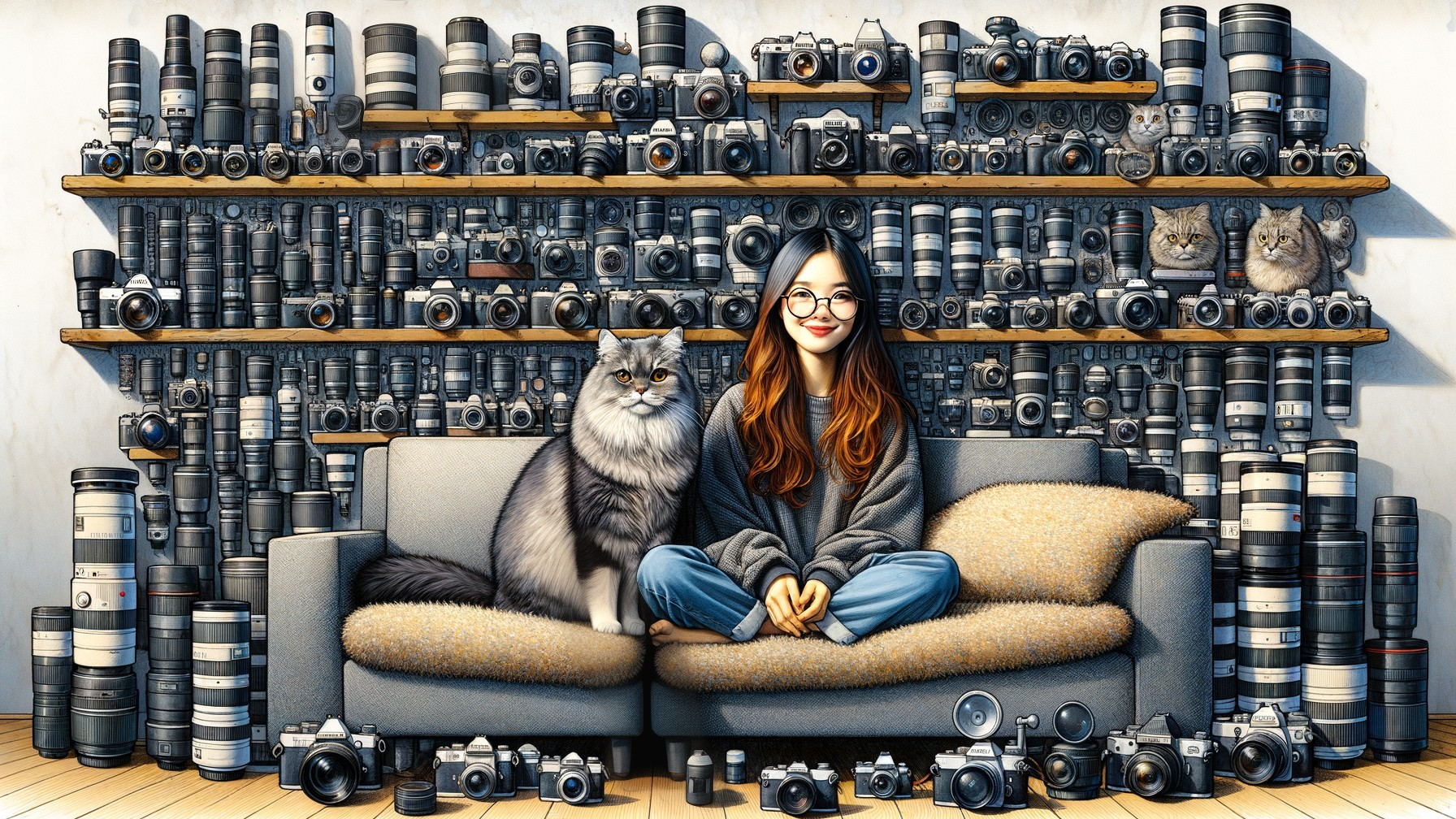 Young Woman with Cat in Photography-Filled Room