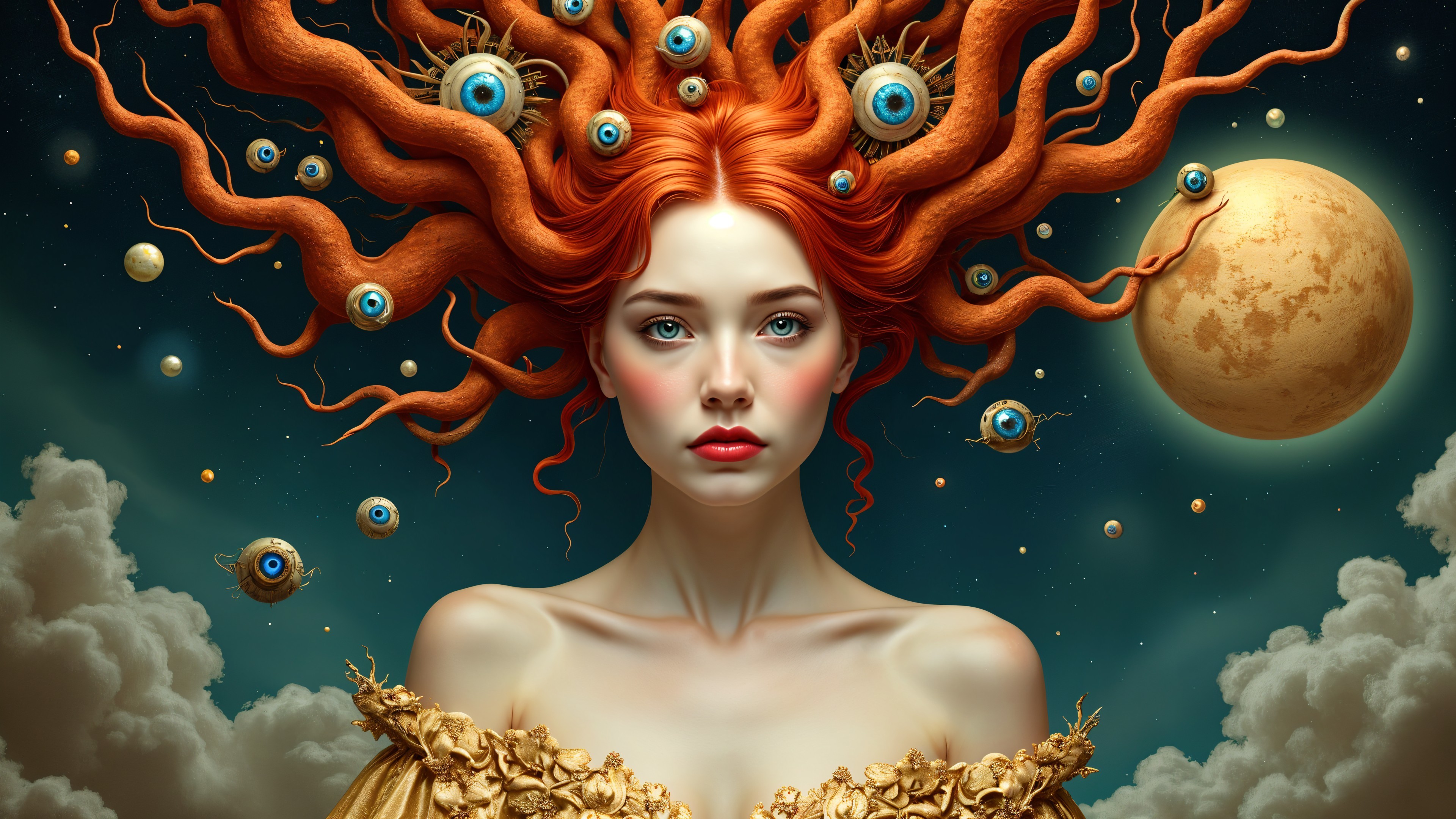 Portrait of a woman with red hair and blue eyes in space