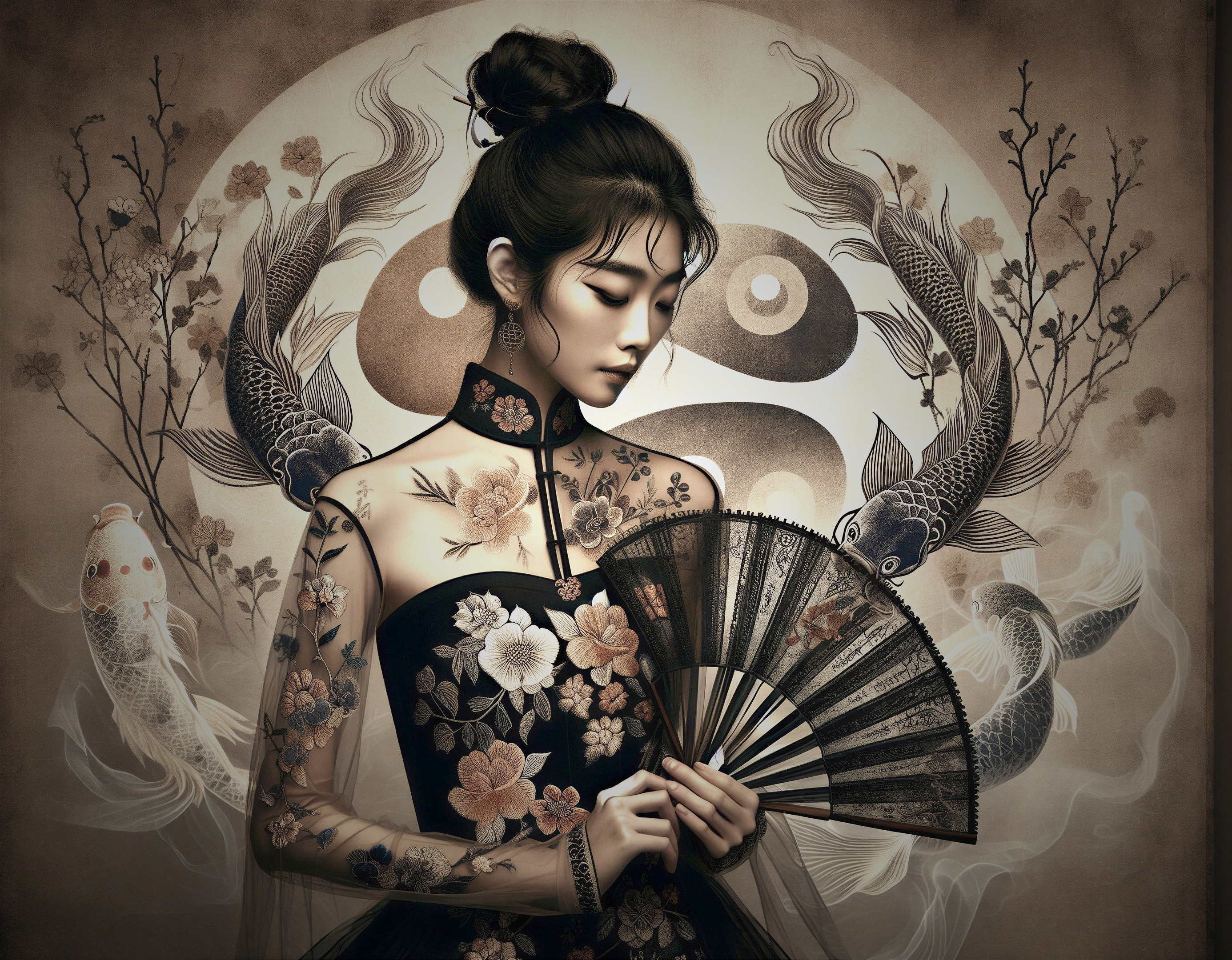 Serene woman in traditional dress with floral fan