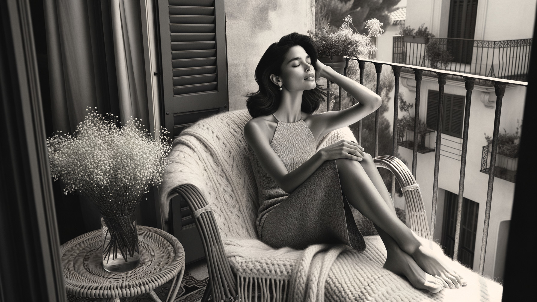 Serene Black-and-White Balcony Scene with Woman