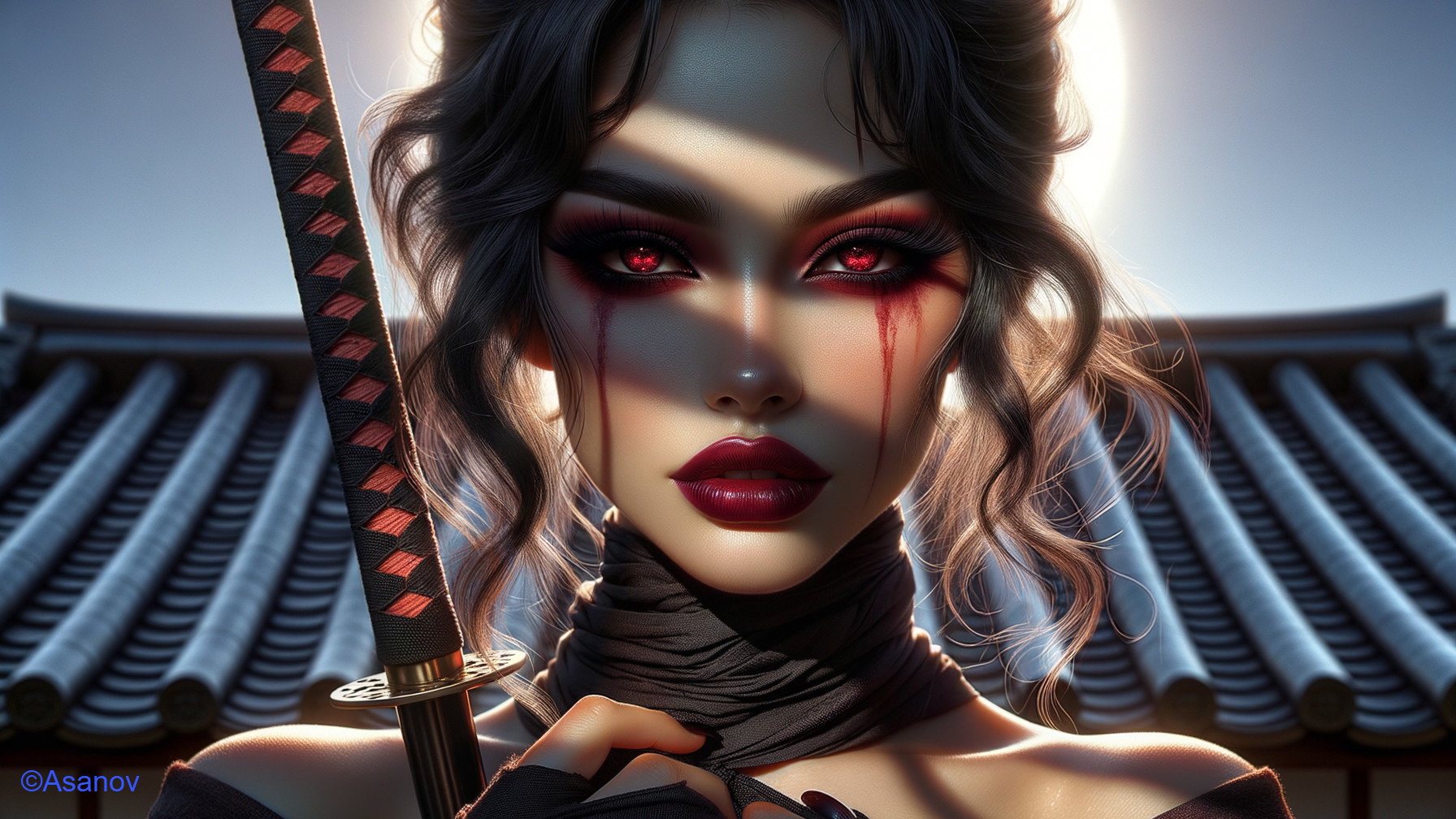 Character with Katana in Front of Traditional Architecture