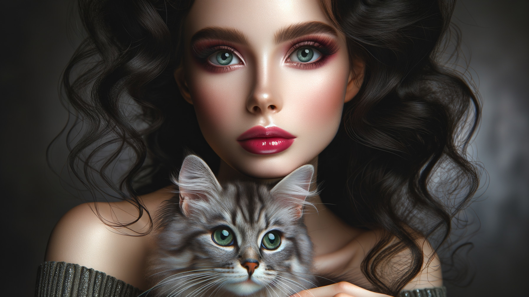 Portrait of a Young Woman with Cat and Striking Features