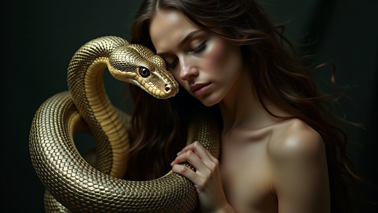 Model with flowing hair and a golden snake in soft light