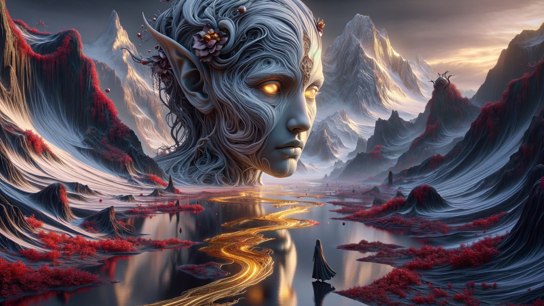 Surreal Landscape with Colossal Floral Head and River