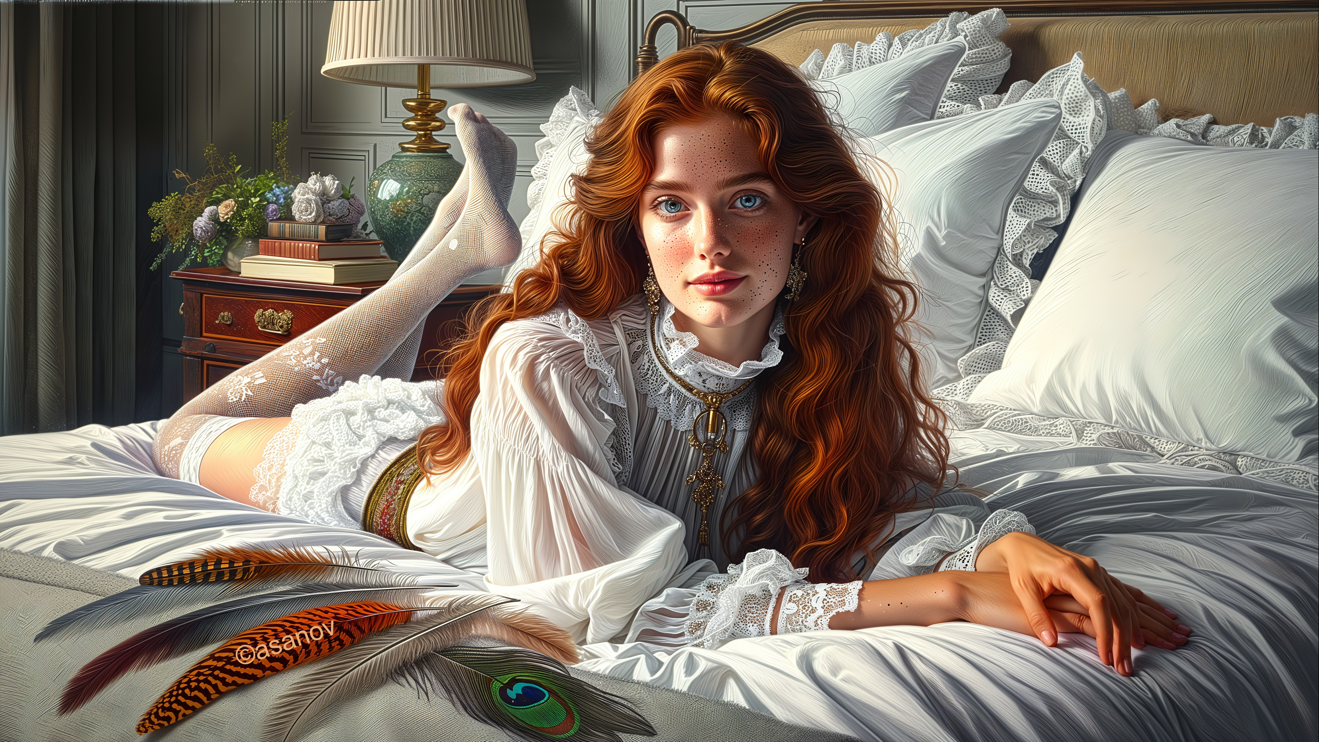 Young woman with red hair in elegant bedroom setting