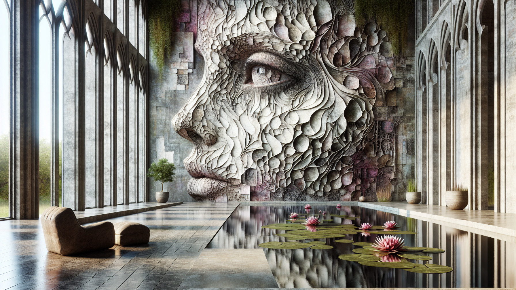 Modern Interior with Arched Windows and Artistic Mural