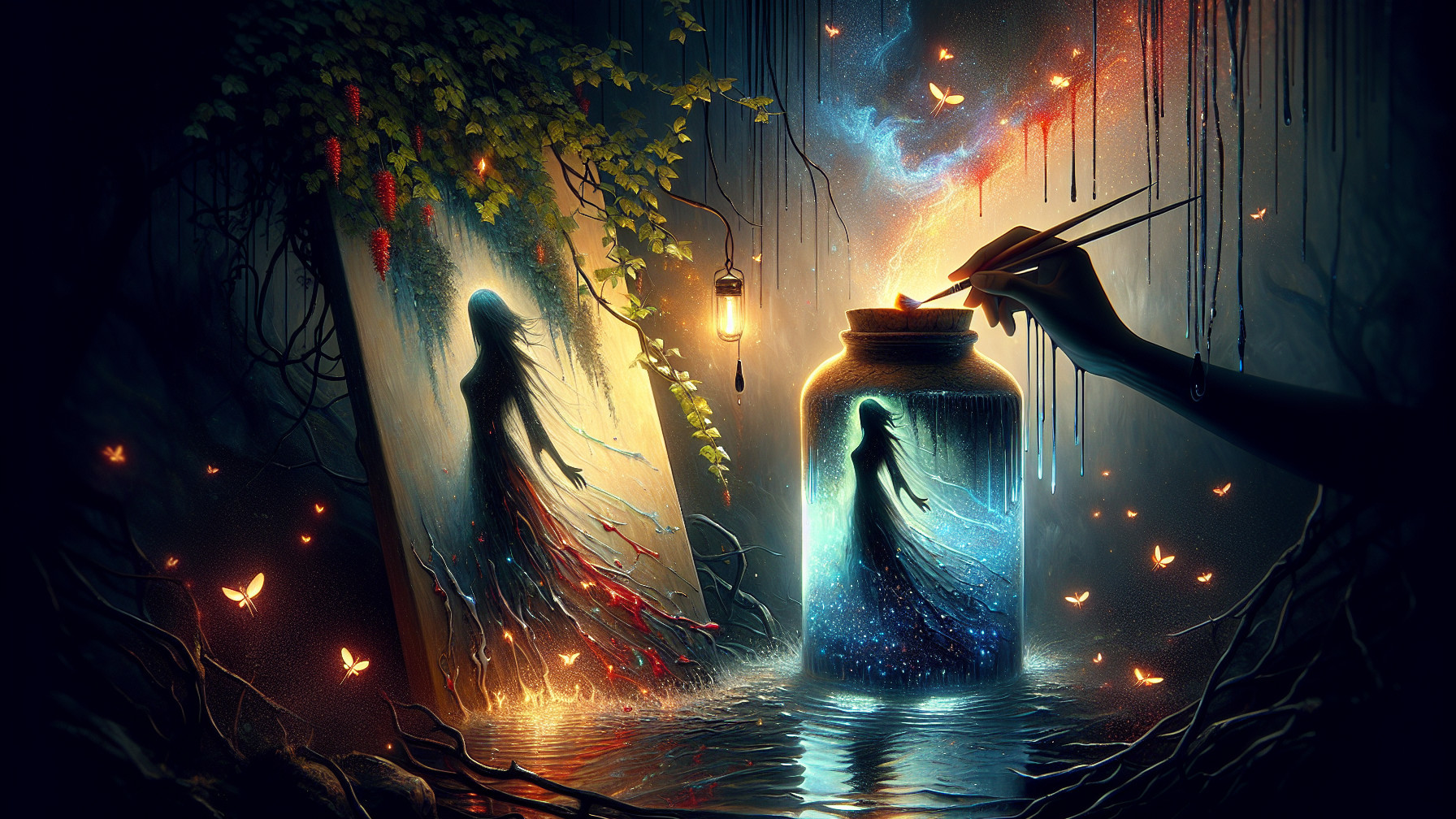 Mystical Scene with Shadowy Figure and Vibrant Colors