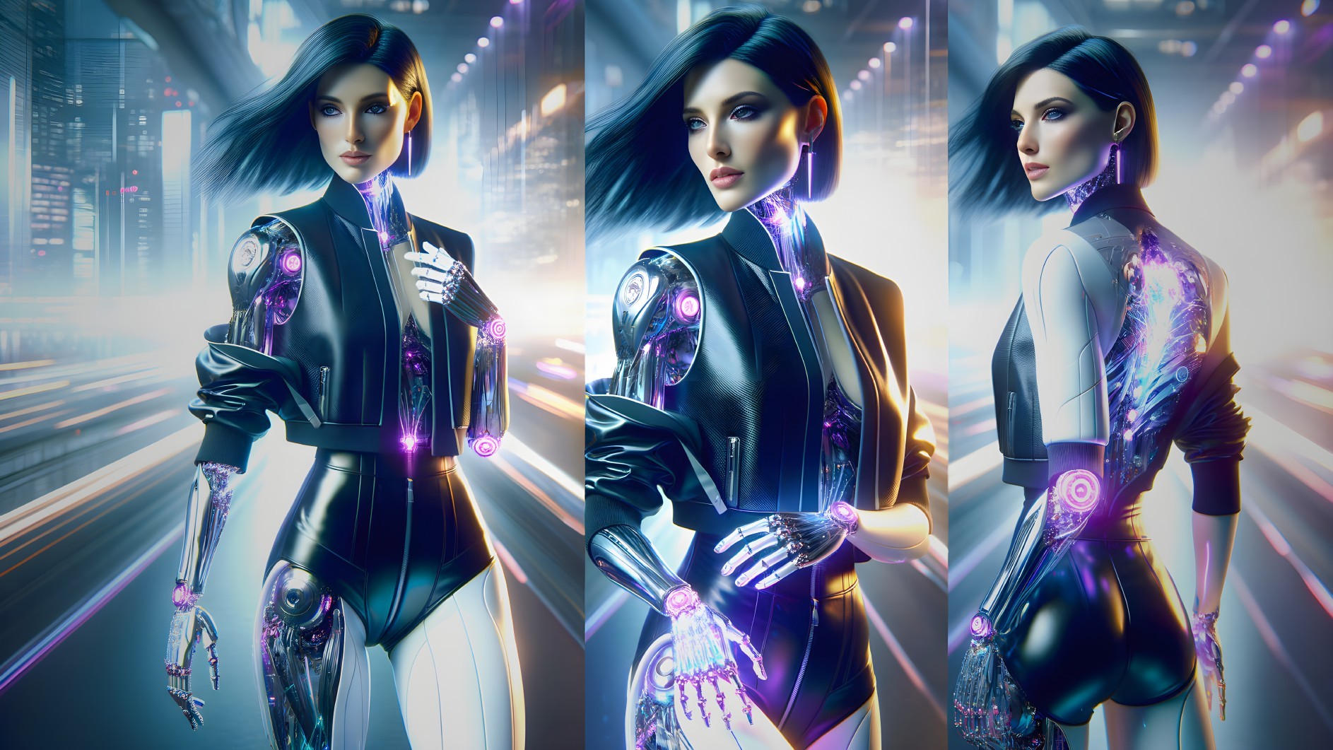 Futuristic Cybernetic Woman in High-Tech Cityscape