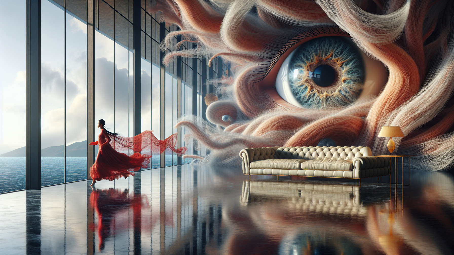 Modern Room with Glass Walls and Surreal Mural