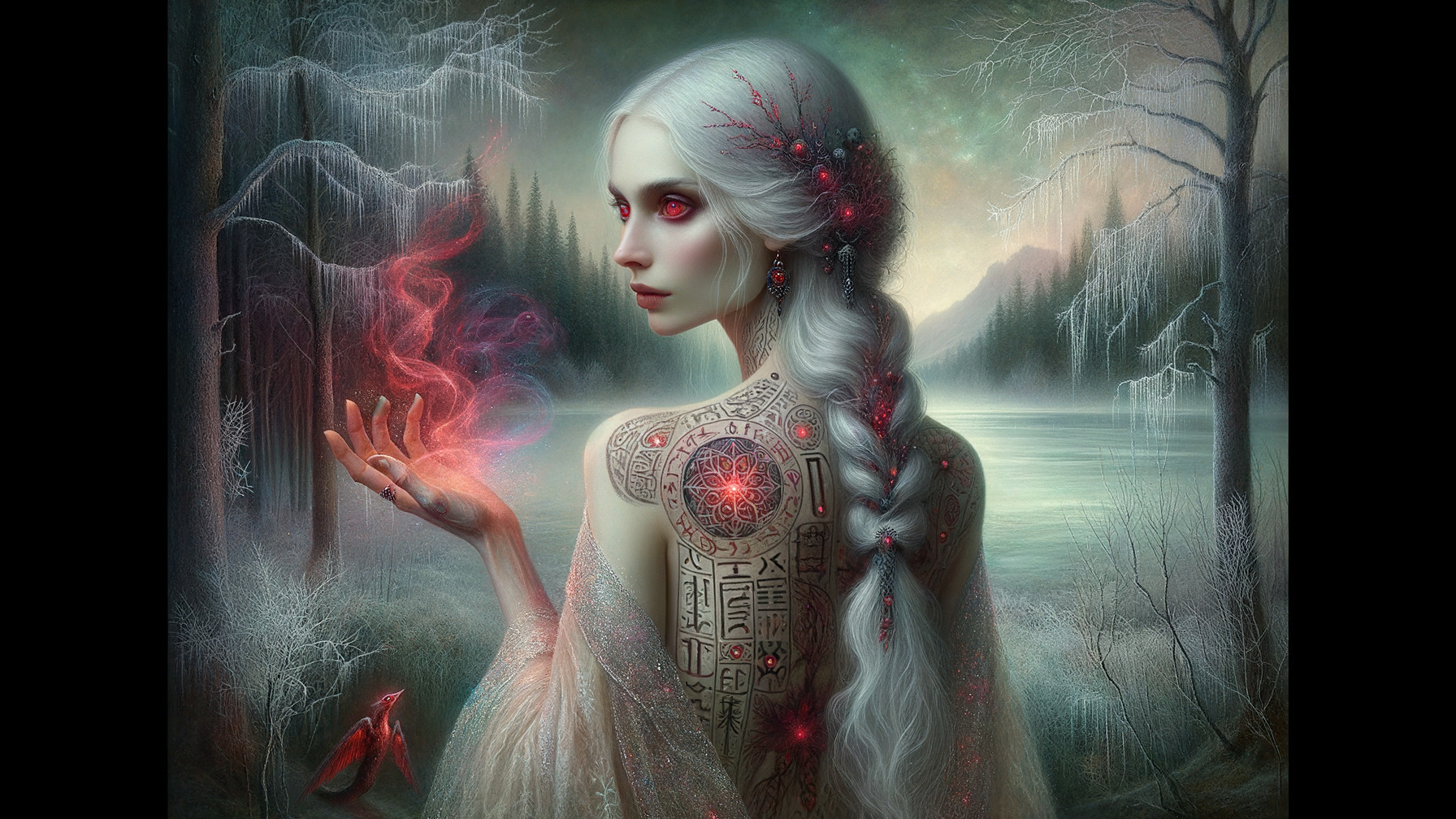Mystical figure by serene icy lake with glowing eyes