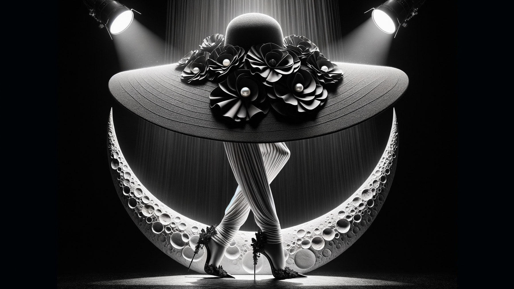 Black and White Fashion Scene with Moon Backdrop