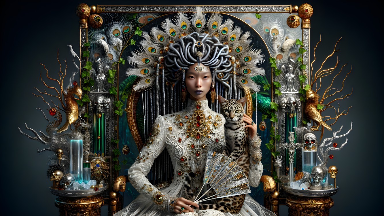 Regal figure on ornate throne in lavish gown and jewels