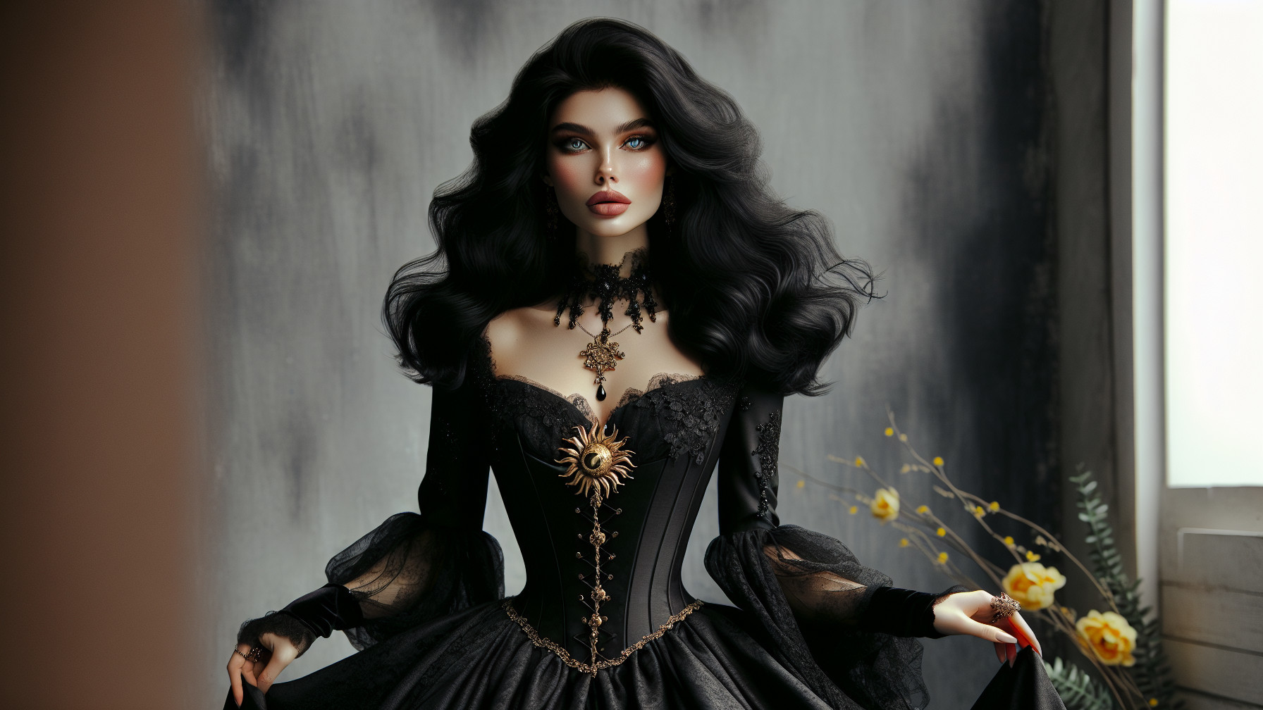 Gothic Young Woman in Black Dress Against Gray Wall