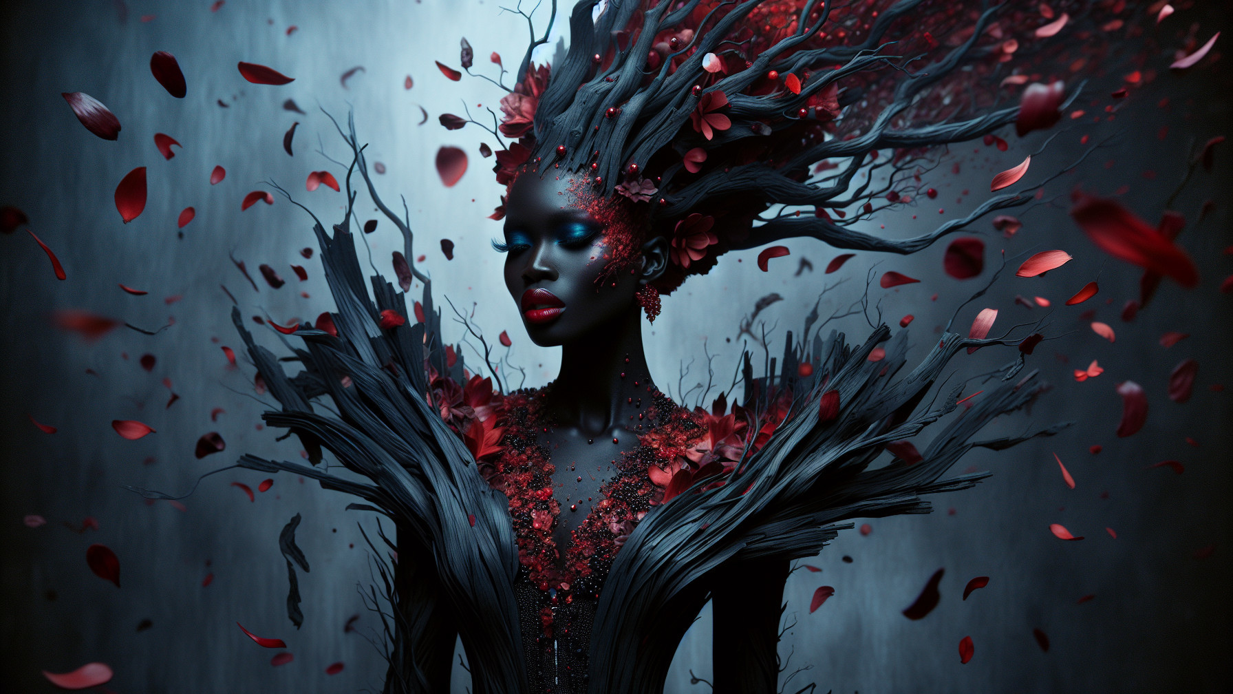 Ethereal Figure in Dramatic Textured Outfit and Flowers