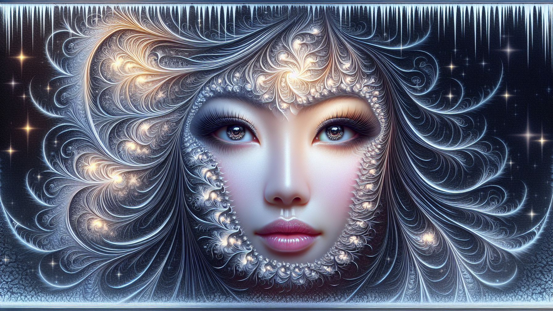 Ethereal Digital Face with Floral and Icy Motifs