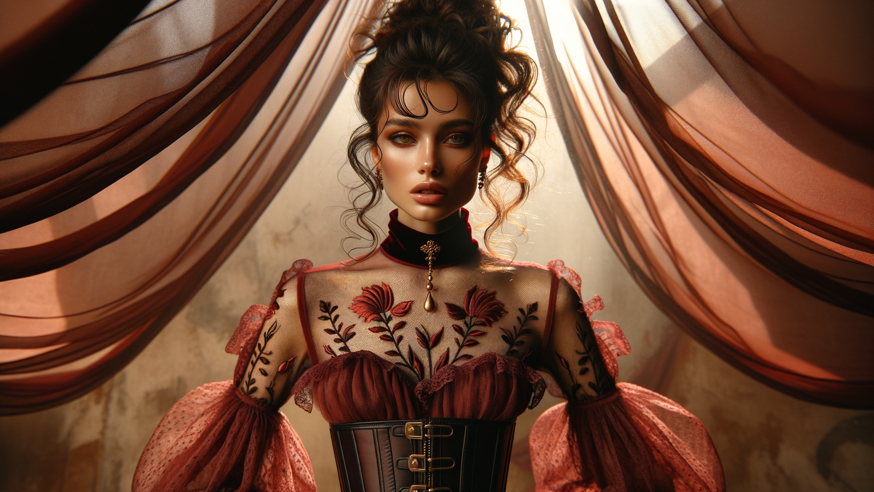 Model in Embroidered Burgundy Gown with Dramatic Lighting