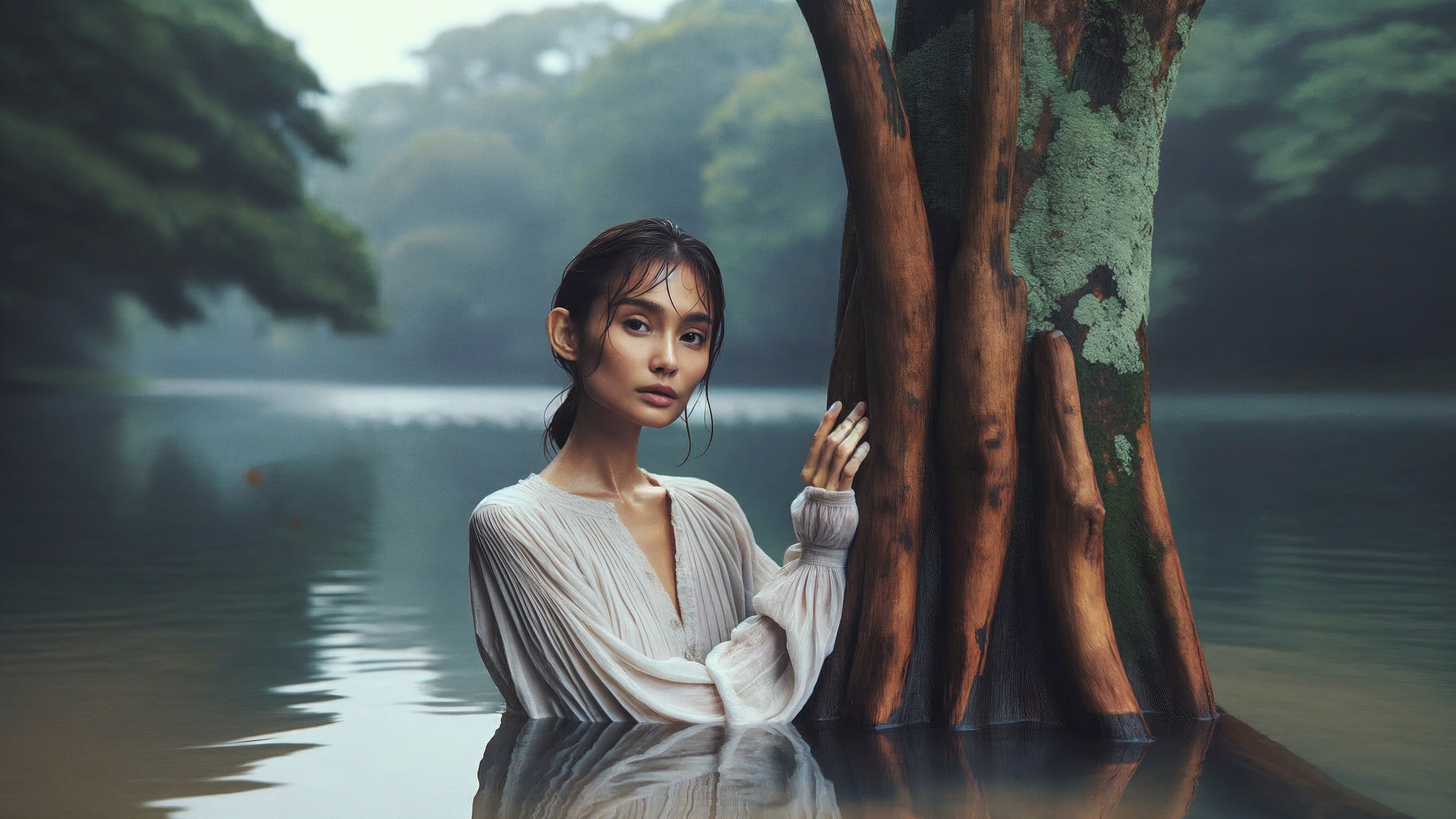 Young Woman in Calm Water Surrounded by Greenery