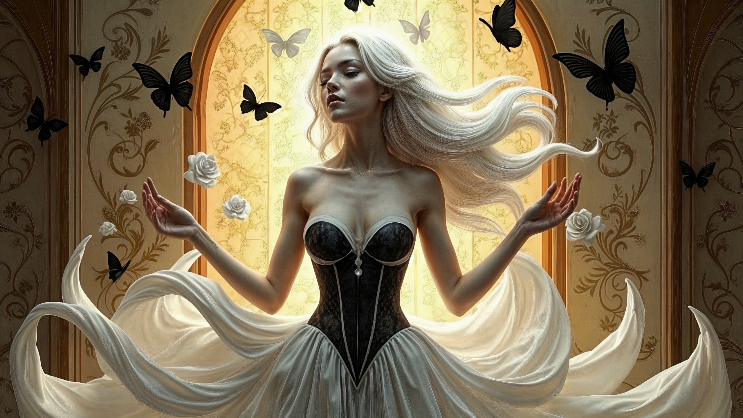 Serene figure in ethereal setting with butterflies and roses