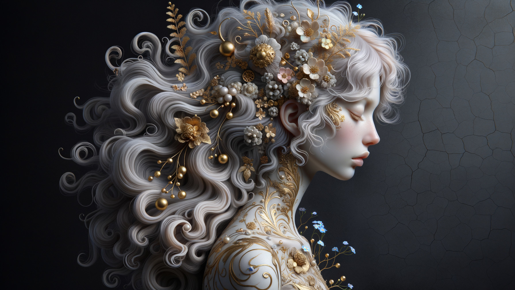 Surreal Portrait of Woman with Intricate Hair and Flowers