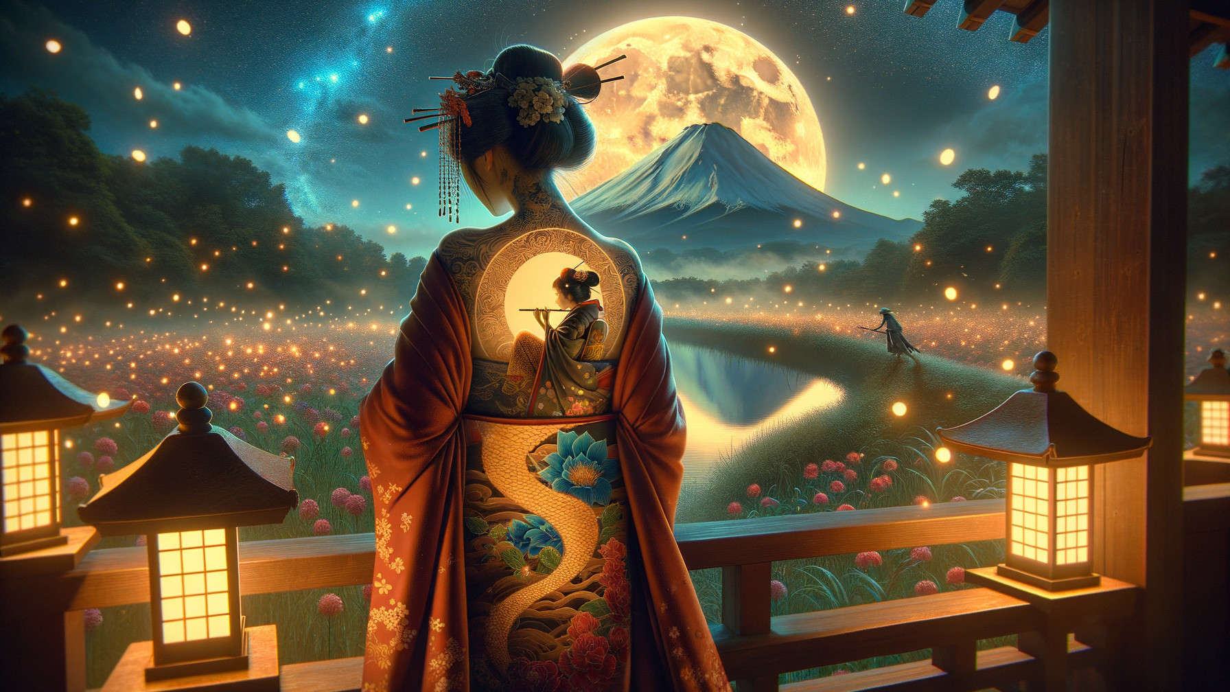 Woman in Kimono Overlooking Tranquil Landscape at Night