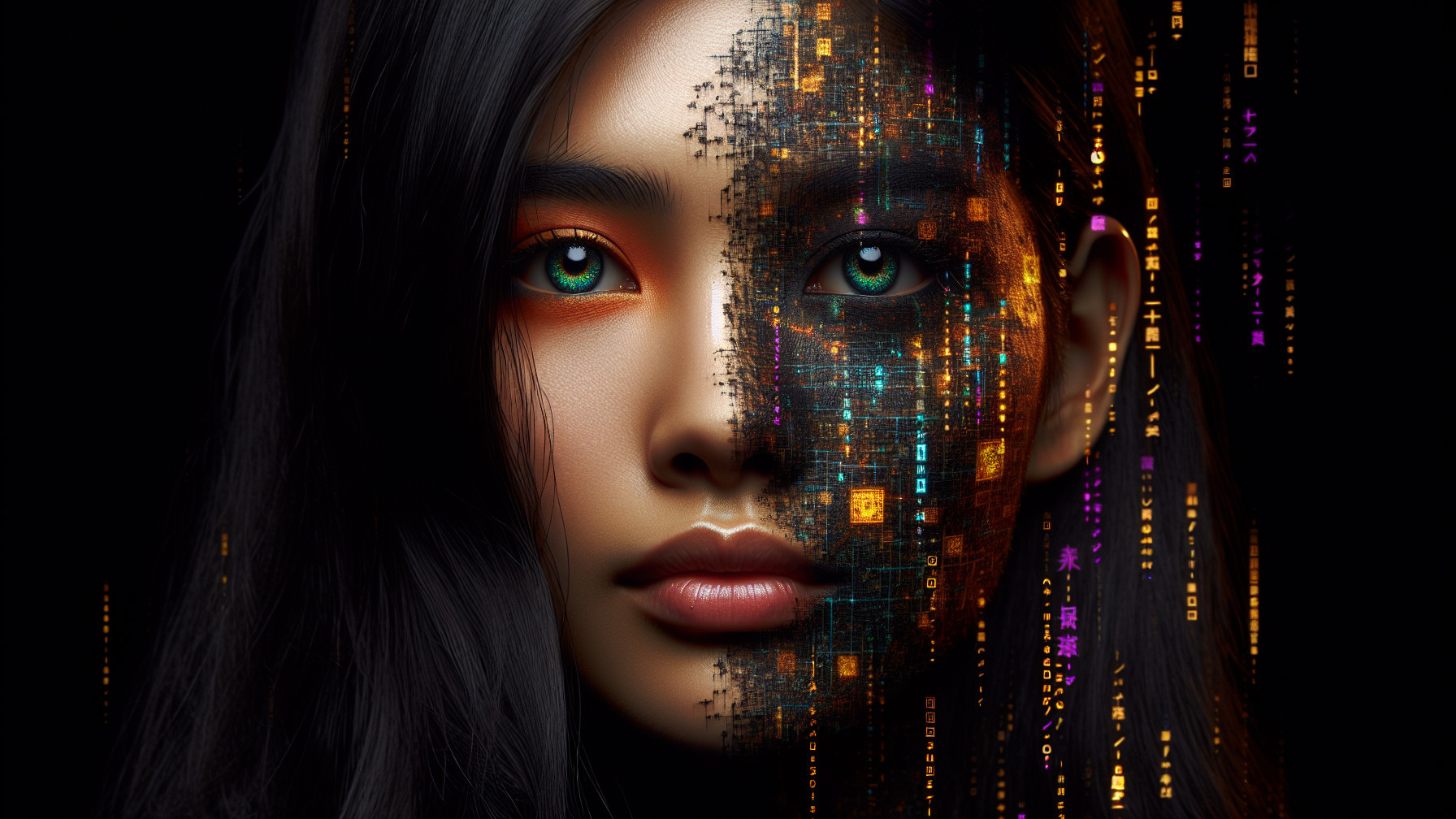 Close-Up of a Woman's Face with Digital Patterns