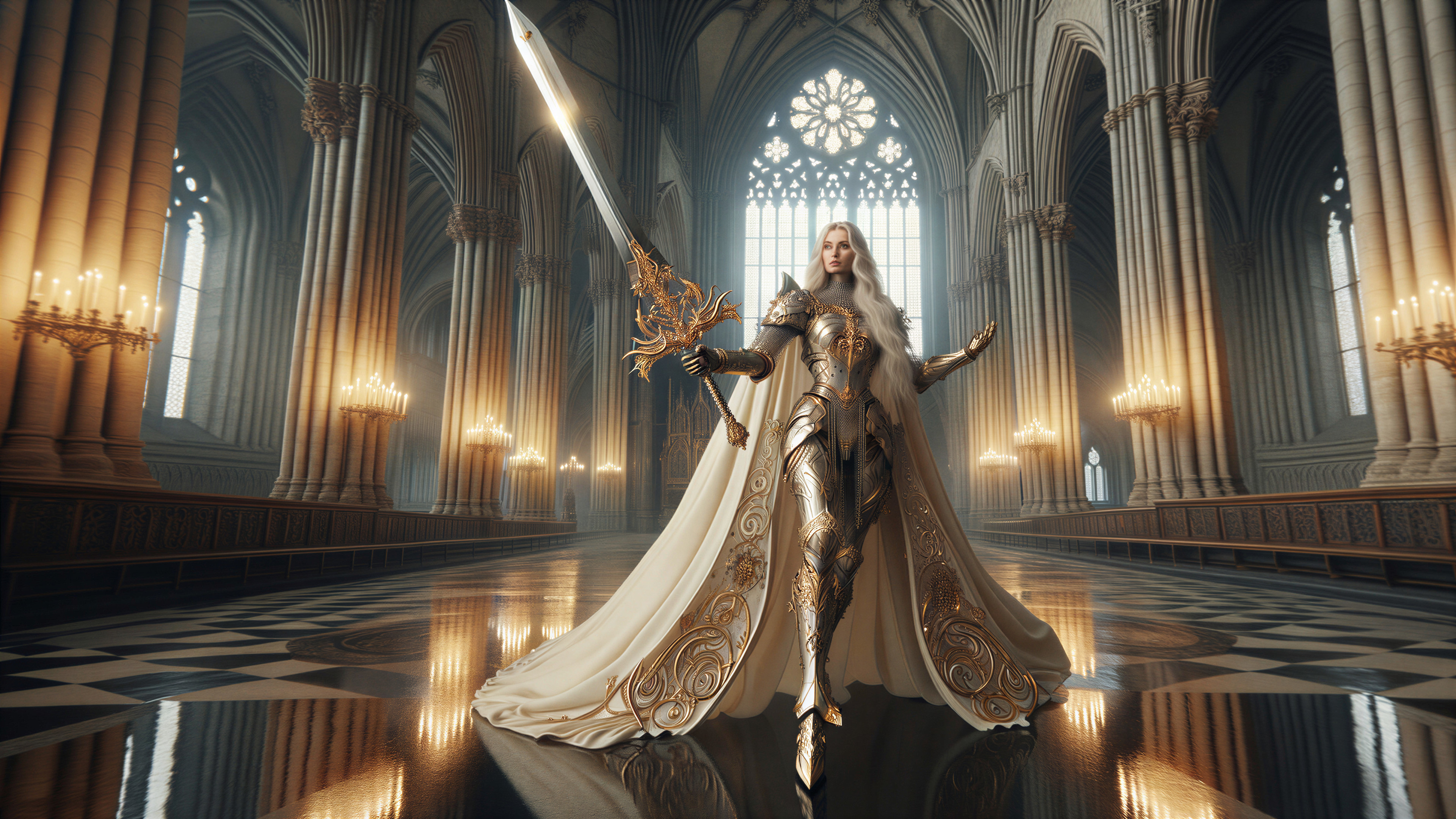 Knight in Armor Inside Ornate Cathedral Setting