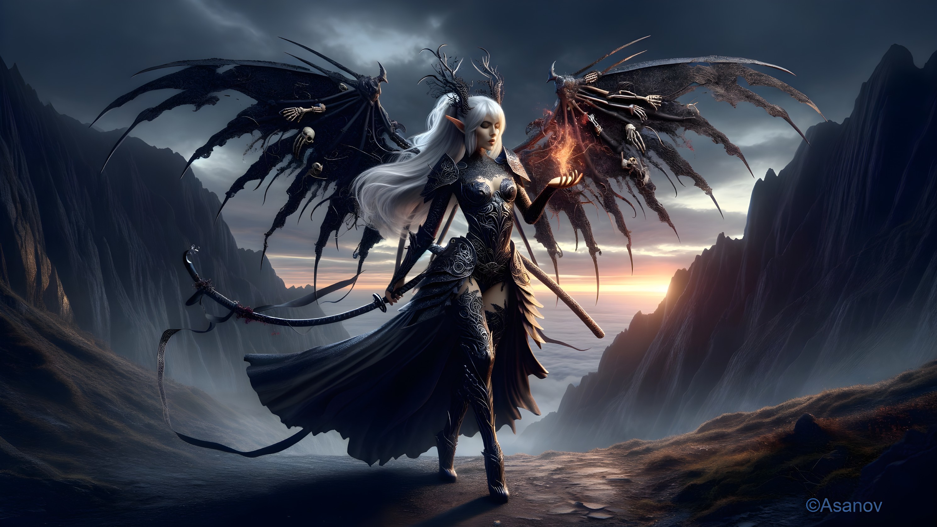 Mystical Figure in Dark Armor on Rugged Landscape