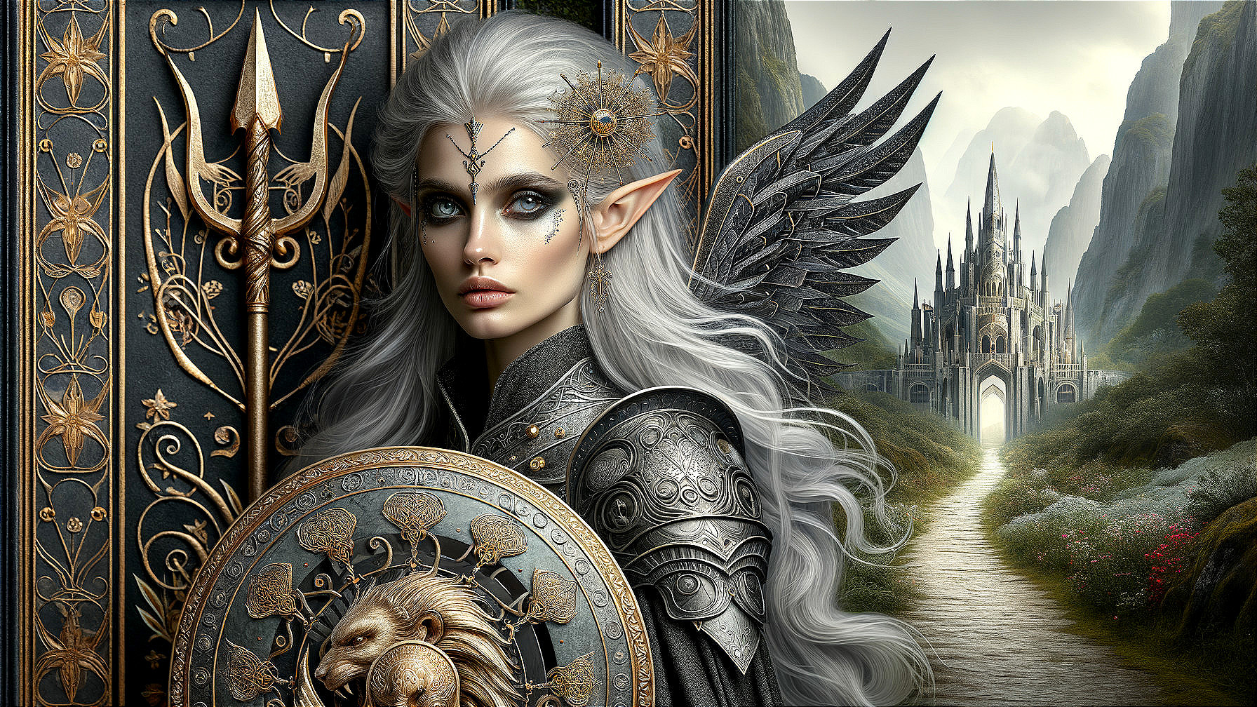 Majestic Elf in Armor with Castle and Mountains Background