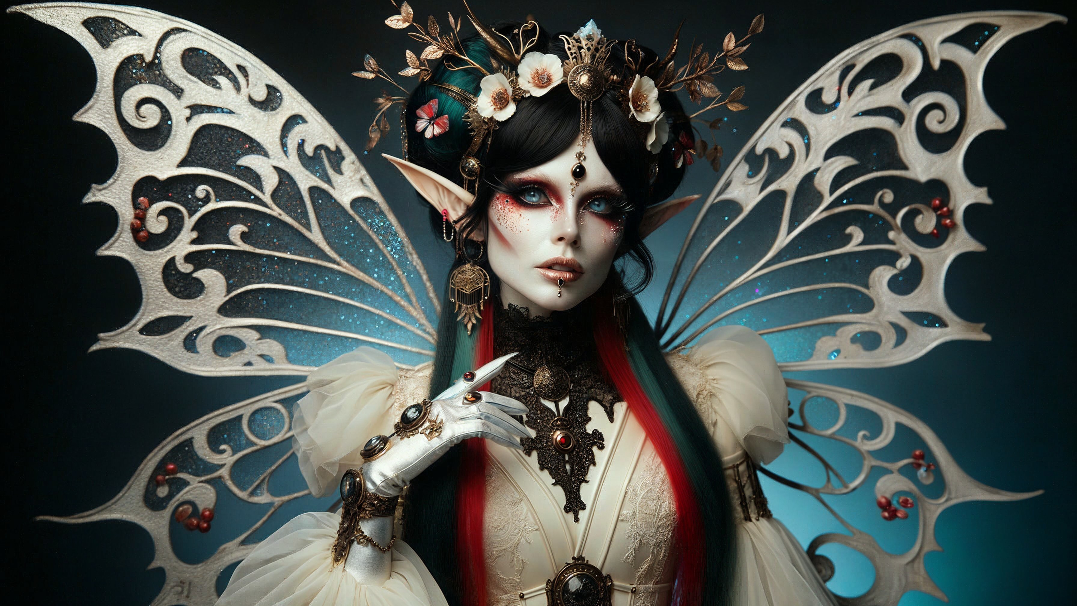 Fantasy figure with iridescent wings and bold hair