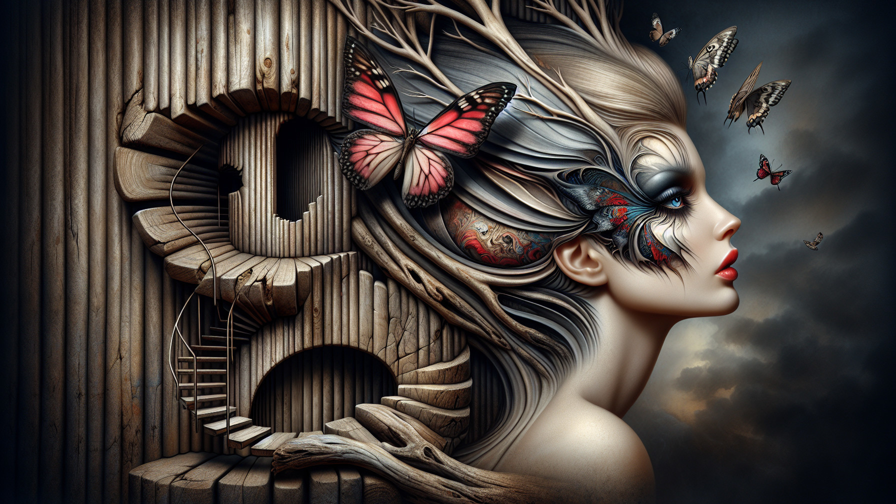 Surreal Portrait of Woman with Intricate Facial Art