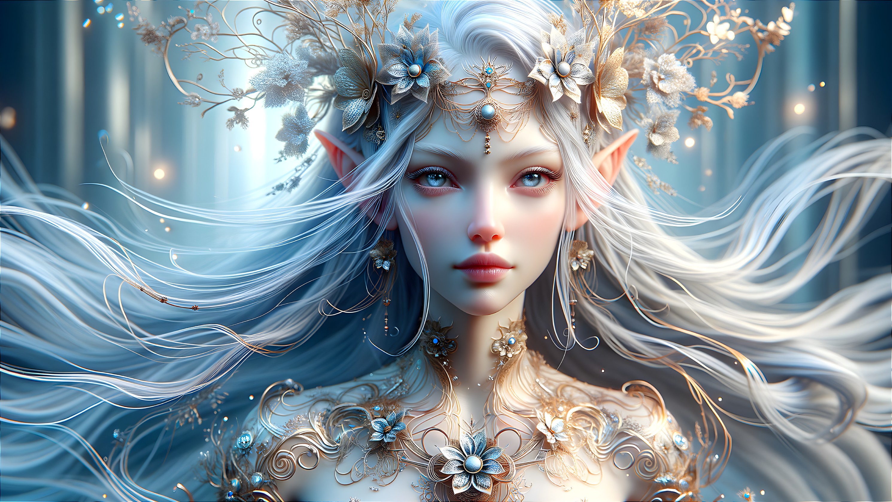 Ethereal figure with white hair and floral jewelry