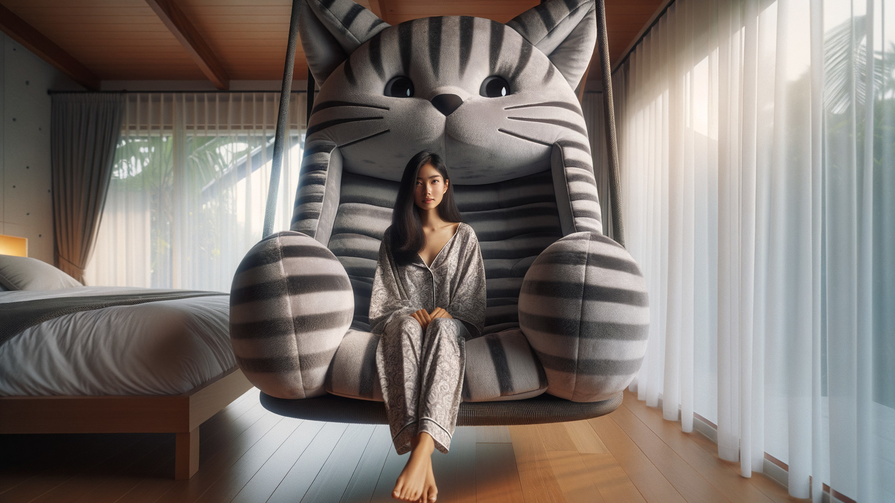 Indoor Scene with Woman on Cat-Shaped Swing