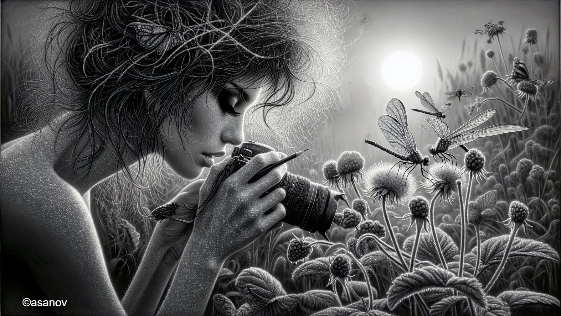 Monochromatic Scene of Woman with Camera in Nature