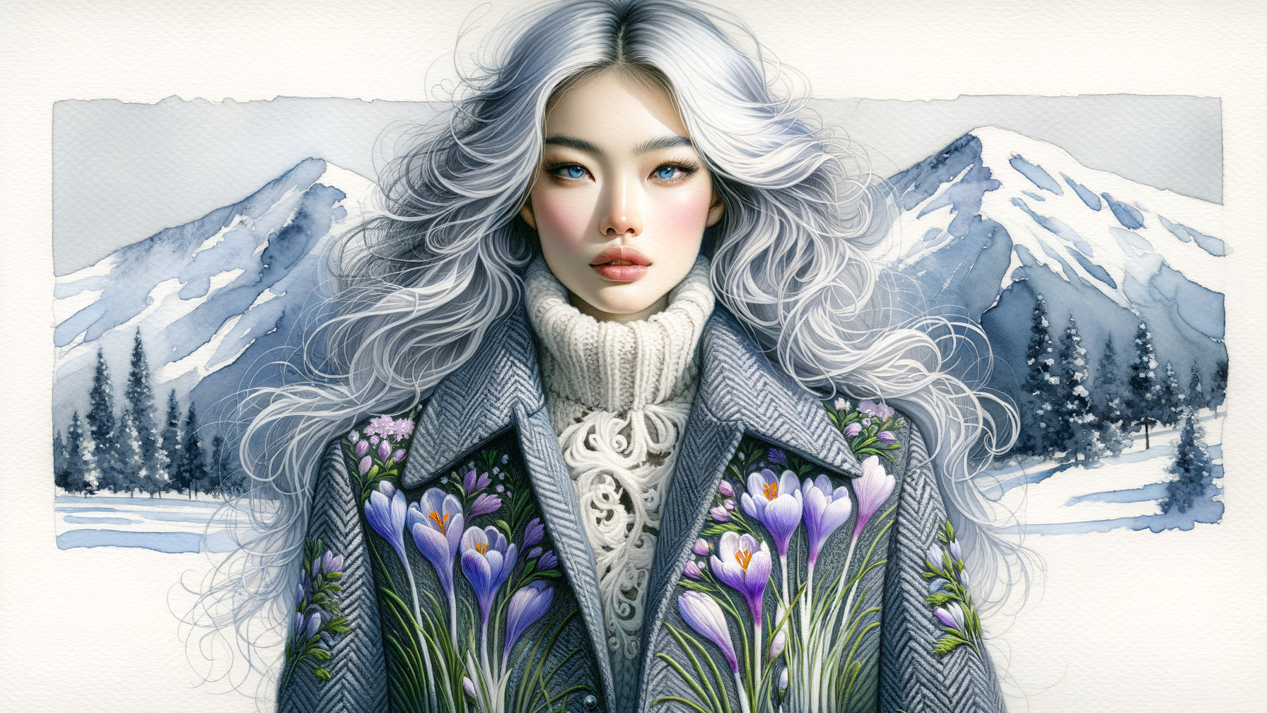 Portrait of a woman with silver hair in winter setting