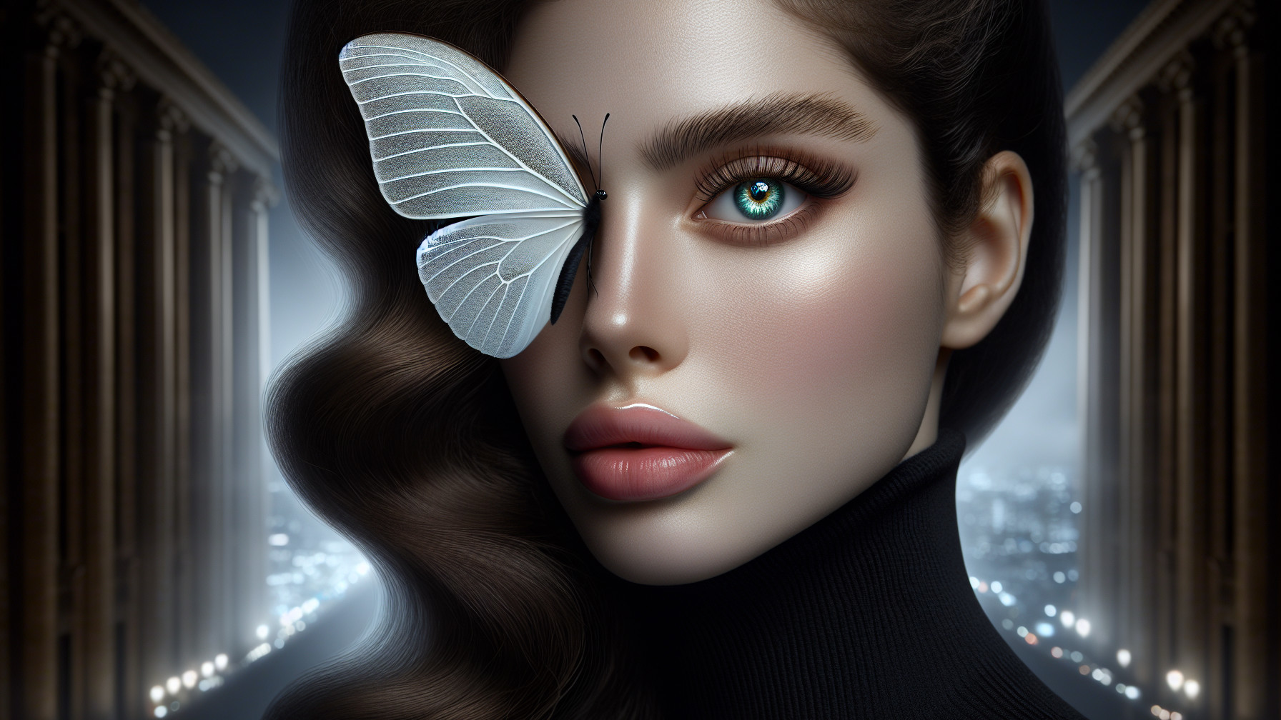 Close-Up of a Woman with Glamorous Hair and Butterfly