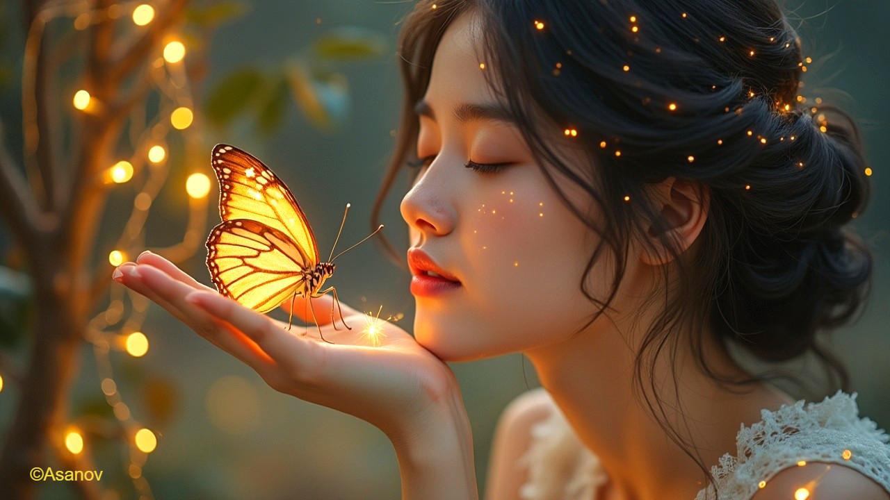 Young woman cradles orange butterfly in serene moment
