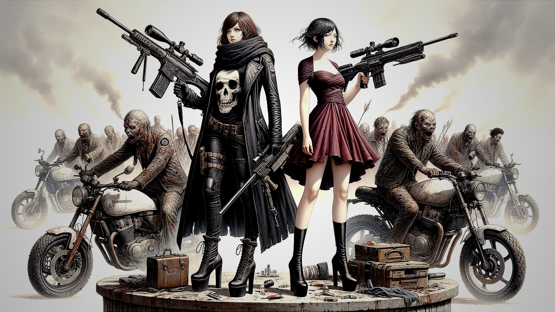 Post-Apocalyptic Scene with Fierce Women and Zombies