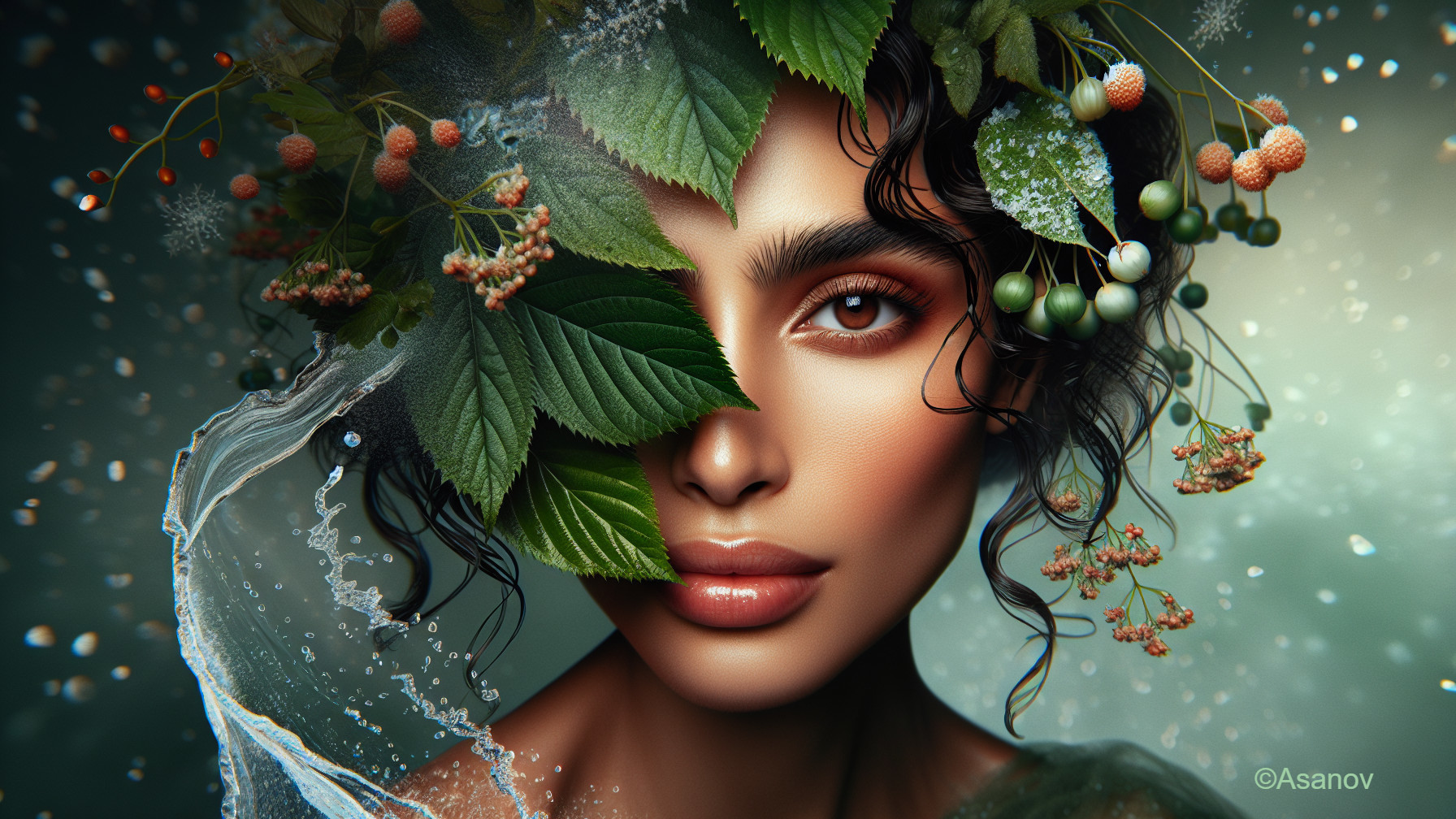 Portrait of a Woman with Greenery and Flowers