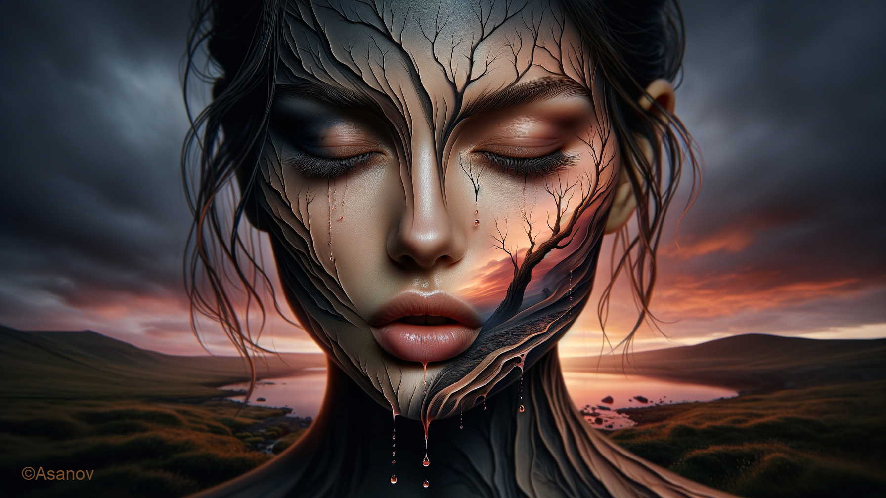 Surreal Face with Nature Patterns and Sunset Background