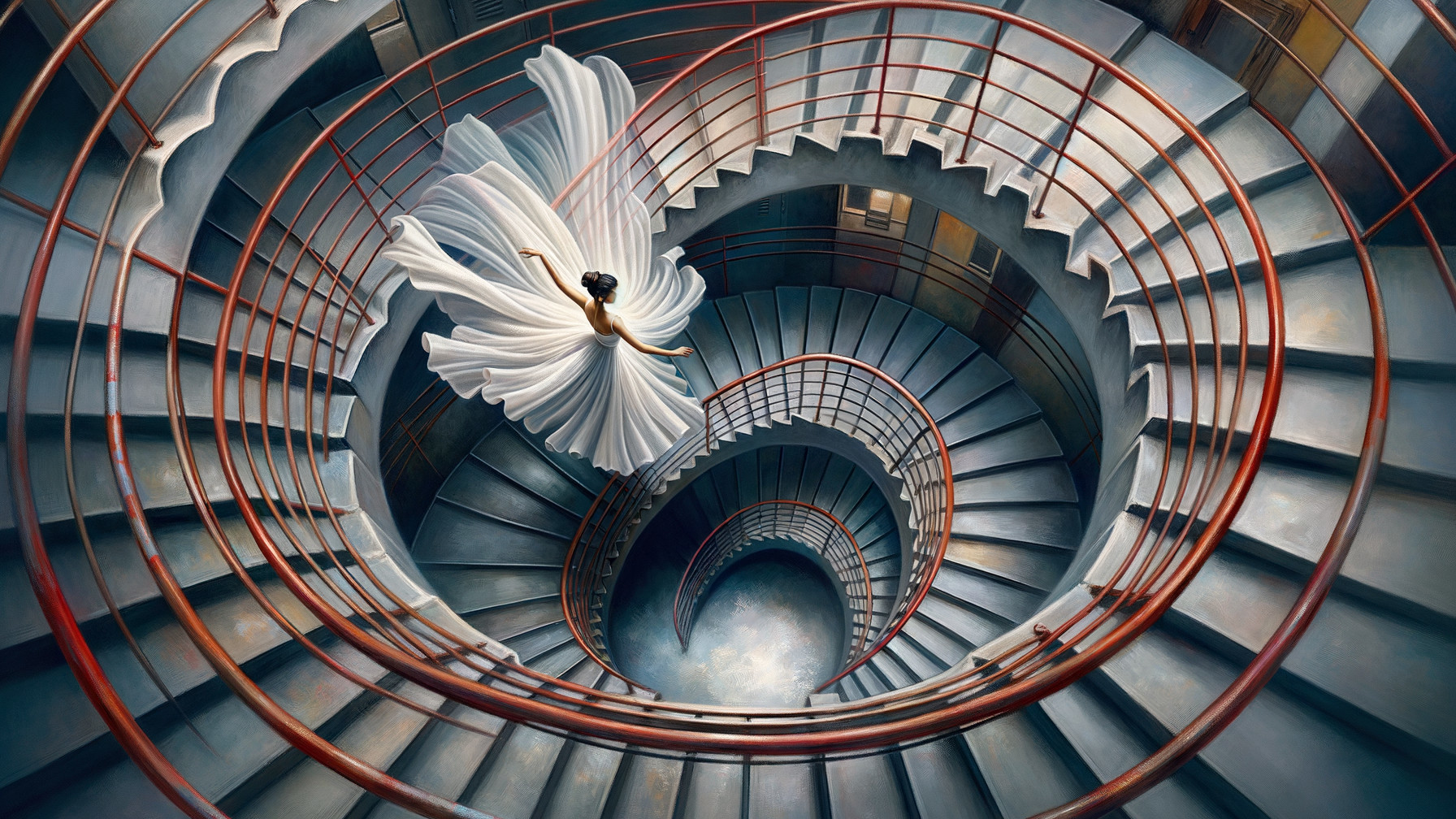 Dancer in White Dress Descends Modern Spiral Staircase