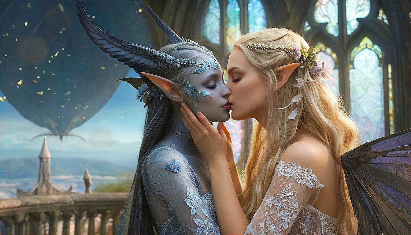 Mystical Beings Embrace in Ornate Architecture