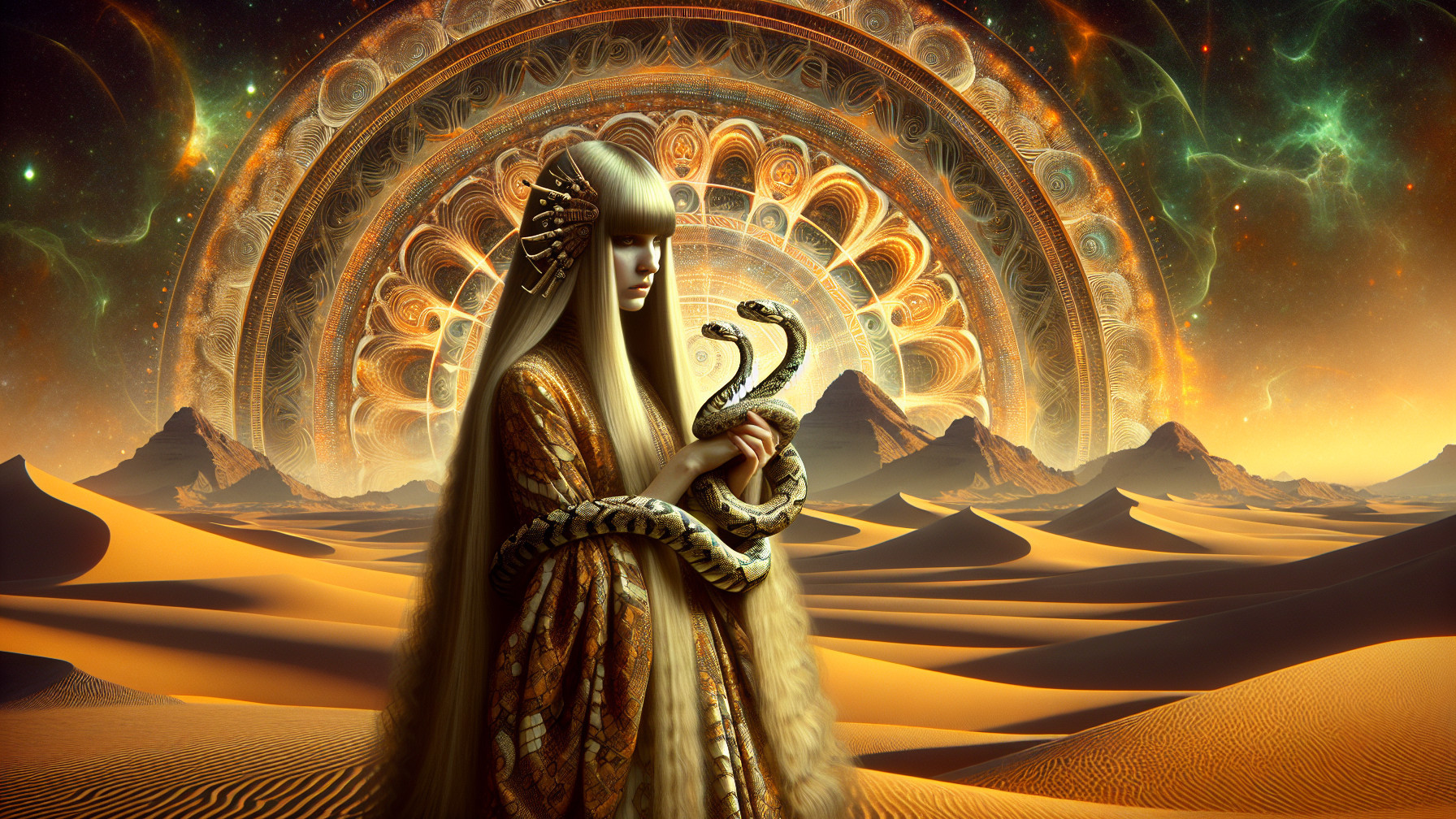 Mystical Figure in Desert with Cosmic Mandala and Pyramids
