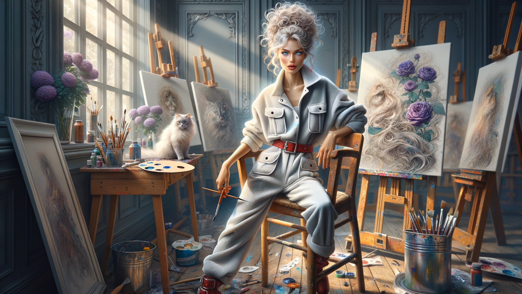 Artist in Studio with Cat and Colorful Art Supplies