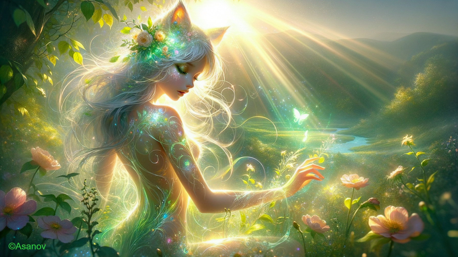 Mystical figure in sunlit landscape with flowers and butterfly