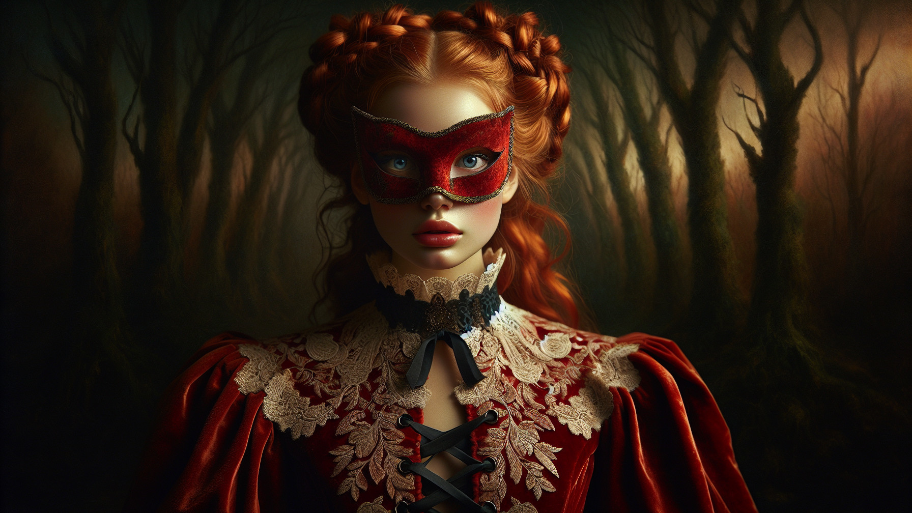 Eerie Forest Scene with Figure in Red Masquerade Attire