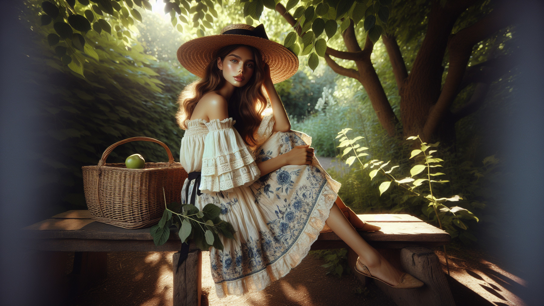 Young woman in floral dress on rustic bench